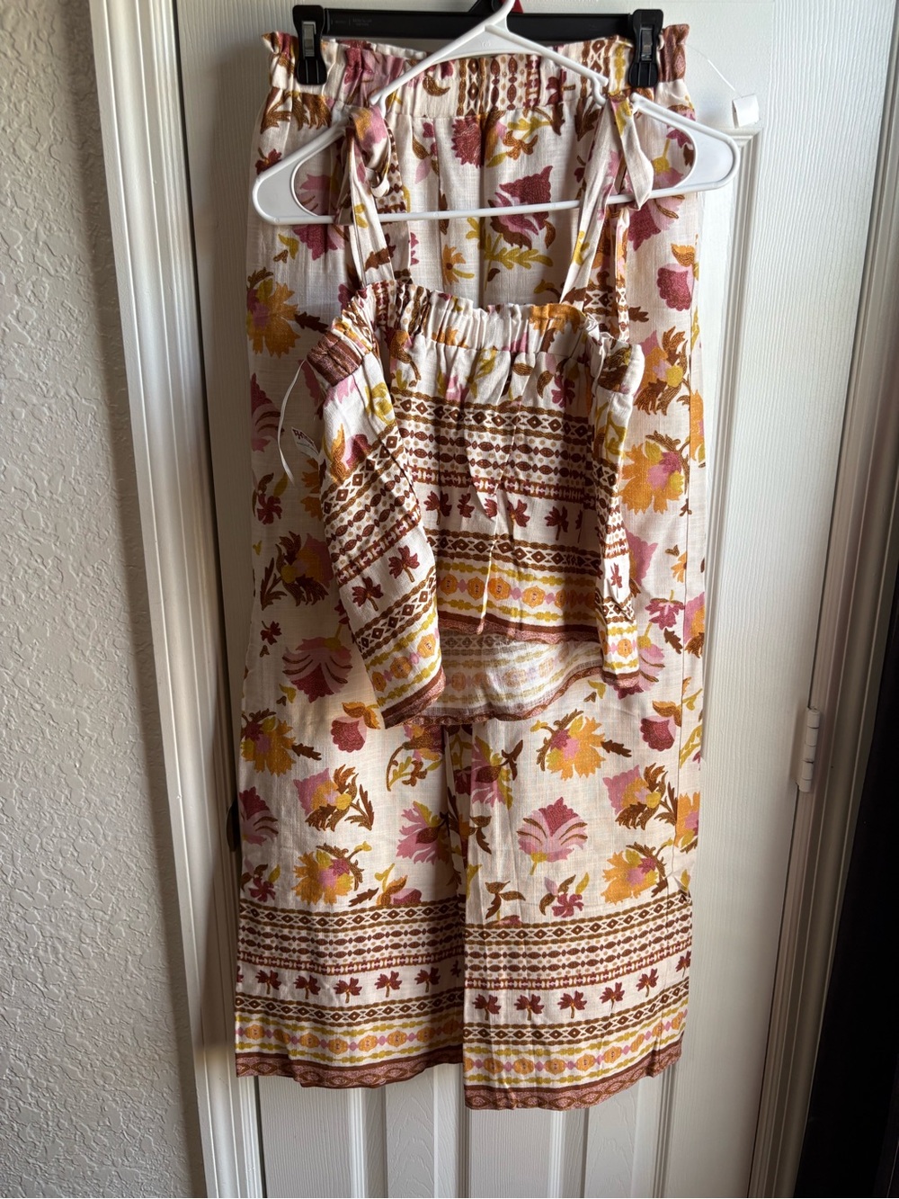 Floral Tie-Strap Wide-Leg Tube Top Pant Set in Pink & Mustard
